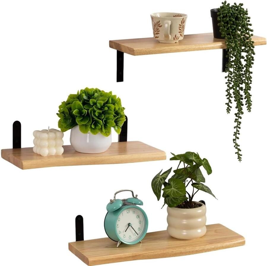 Drijvende Eiken Wandplanken Set van 3 met Zwarte L Beugels Massief Houten Boekenplanken voor Slaapkamer en Bijkeuken in Maten