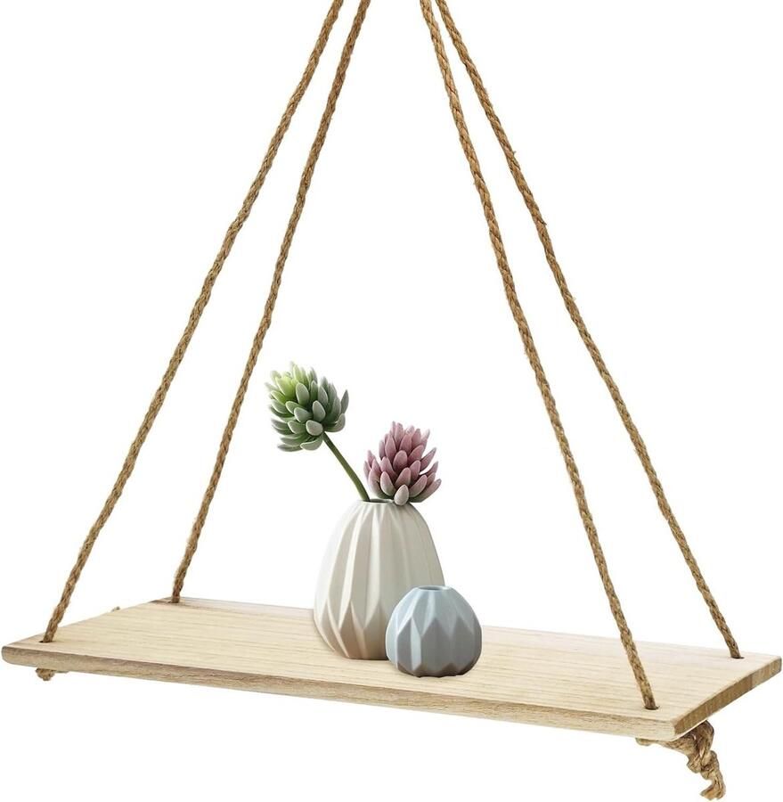 Allecto Plus Drijvende planken 35 x 4 x 1 cm Hangend zwevend rek Houten rek met schommeltouw Multifunctionele houten planken Zwevende planken voor badkamer en keuken Rustieke uitstraling Beige