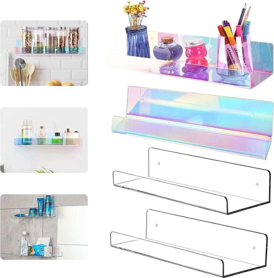Drijvende Planken Acryl Kids Badkamer Drijvende Boek Muur Opknoping Planken Boekenplank Opslag Organizer voor Kinderen Slaapkamer 4 Pack Clear & Rainbow Multifunctioneel Opruimsysteem bathroom shelf wood