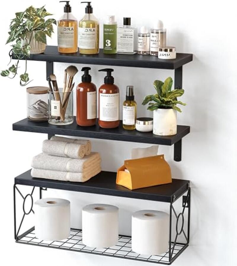 Drijvende Planken met Draadopbergmand Set van 3+1 Natuurlijke Wandplanken voor Huishoudelijke Organisatie en Wanddecoratie