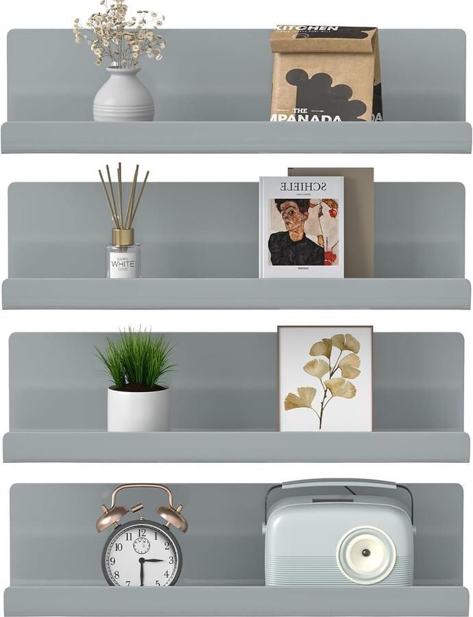 Drijvende planken set van 4 Wandplanken voor wanddecoratie in ruimtes Grijs kunststof Modern design met afbeeldingrand Opbergen en decoreren Thuiskantoor woonkamer slaapkamer badkamer keuken wasruimte