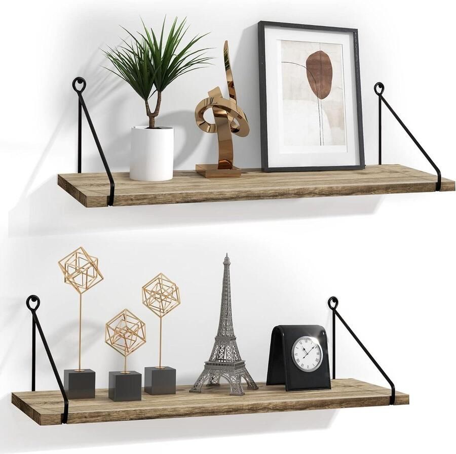 Drijvende Planken voor Muur Set van 2 Rustieke Houten Planken 60CM Houten Plank voor Badkamer Keuken Slaapkamer Woonkamer Kantoor Opbergrek Met Beugel en Plant Dispaly Decoratie voor Thuis