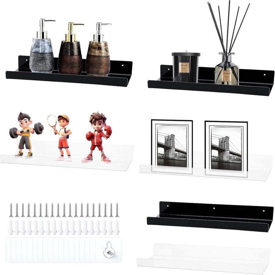 Drijvende Plankenset Wandplanken voor Badkamer Set van 6 Zwart en Helder Acryl
