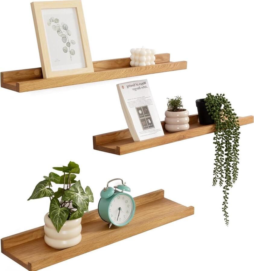 Drijvende Wandplanken Massief Eikenhout Set van 3 Natuurlijk Eiken 60x10 12 15cm