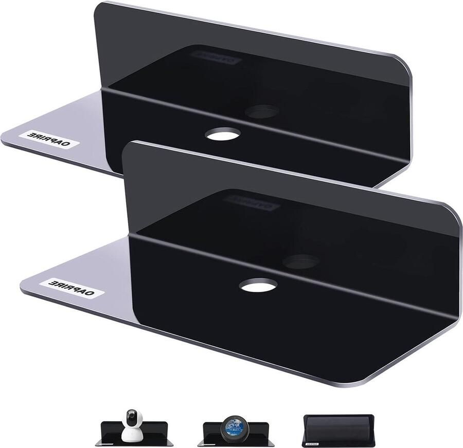 Drijvende Acryl Wandplanken Set van 2 Schadevrij Uitbreiden Wandruimte Zwarte Kleine Wandplank voor Slimme Luidspreker Actiefiguren Monitor Met Kabelclips Stick on Geen Boor