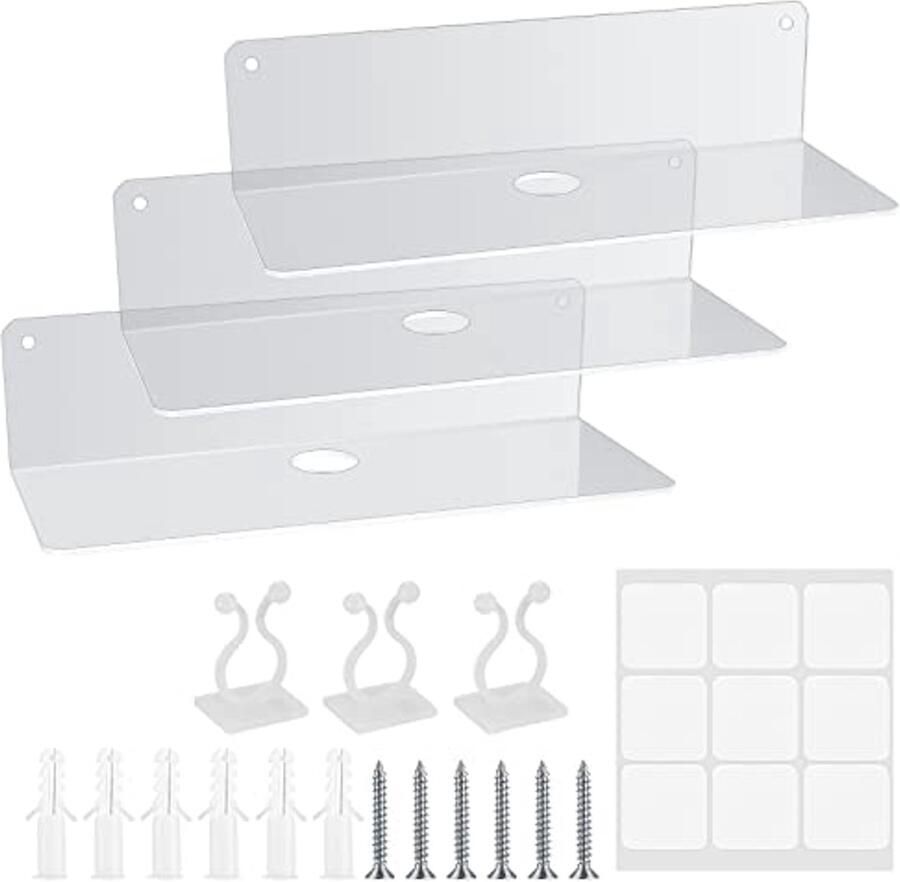 Drijvende Wandplanken Set van 3 Acryl Wandplank zonder Boren voor Badkamer Woonkamer Slaapkamer Keuken en Kantoor Inclusief Kabelclips Transparant