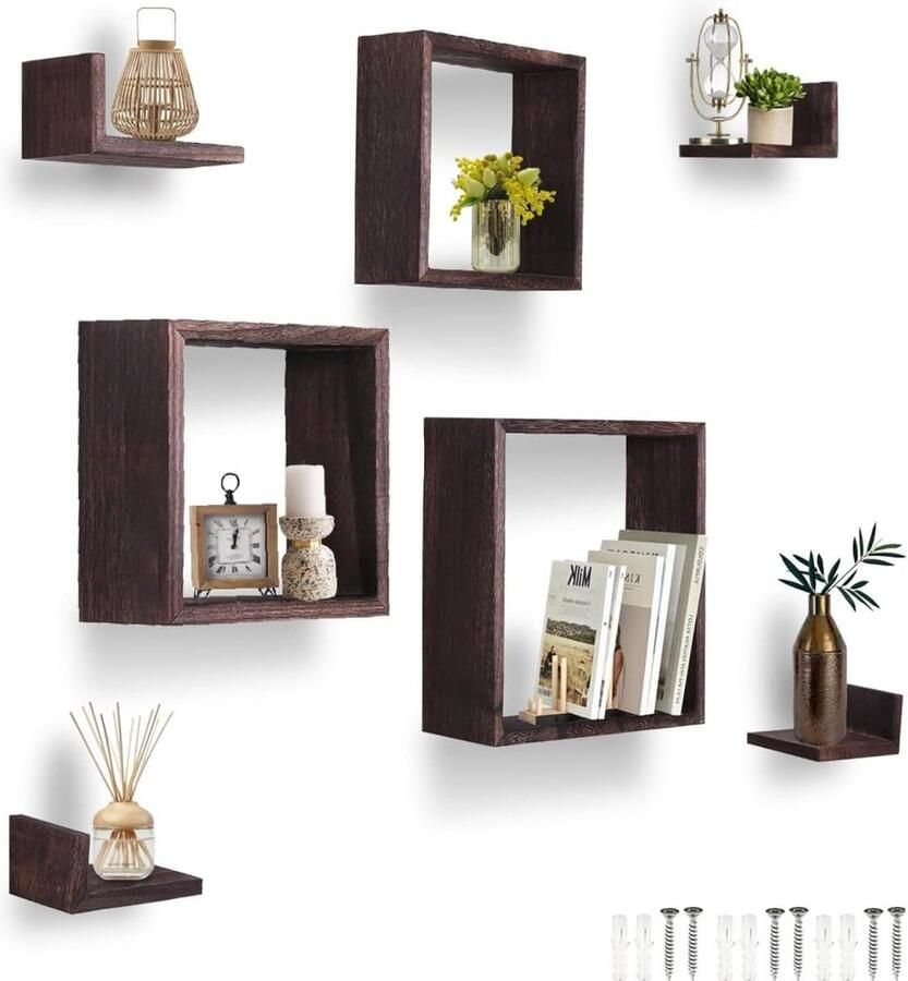 Drijvende Wandplanken Set van 7 Rustiek Wanddecor met 3 Vierkante en 4 Rechthoekige Planken Schroeven en Ankers Inbegrepen Bruine Stijl voor Huisdecoratie. hexagon shelves