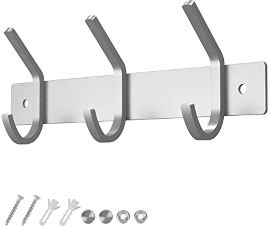 Dripex kledinghaak 3 haken kapstok geborsteld roestvrij staal voor jassen kleding houdt tot 20 kg haakrek voor hal voorkamer 22 cm (zilver)