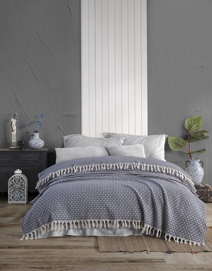 Dromenvanger Bedsprei 200x230cm Katoen (Oeko-TEX Standard 100) ideaal als plaid omkeerbare deken of sprei voor bed bank of sofa stevig ontwerp (Blauw)