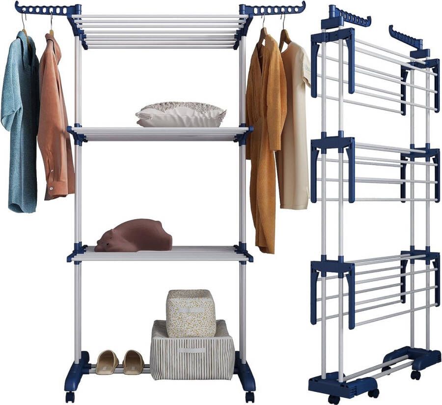 Droogrek met wieltjes opvouwbare bodem ruimtebesparende toren wasdroger staande wasdroger met 6 inklapbare vleugels en 2 zijvleugels voor binnen en buiten blauw en wit