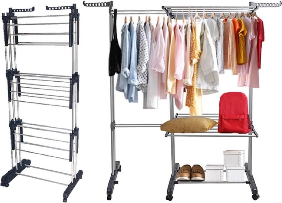 Droogrek op 4 etages met 6 parkeerrem wielen roestvrijstalen buizen maximale belasting 45 KG grote capaciteit 178 x 89 x 66cm Opvouwbare kledingrek