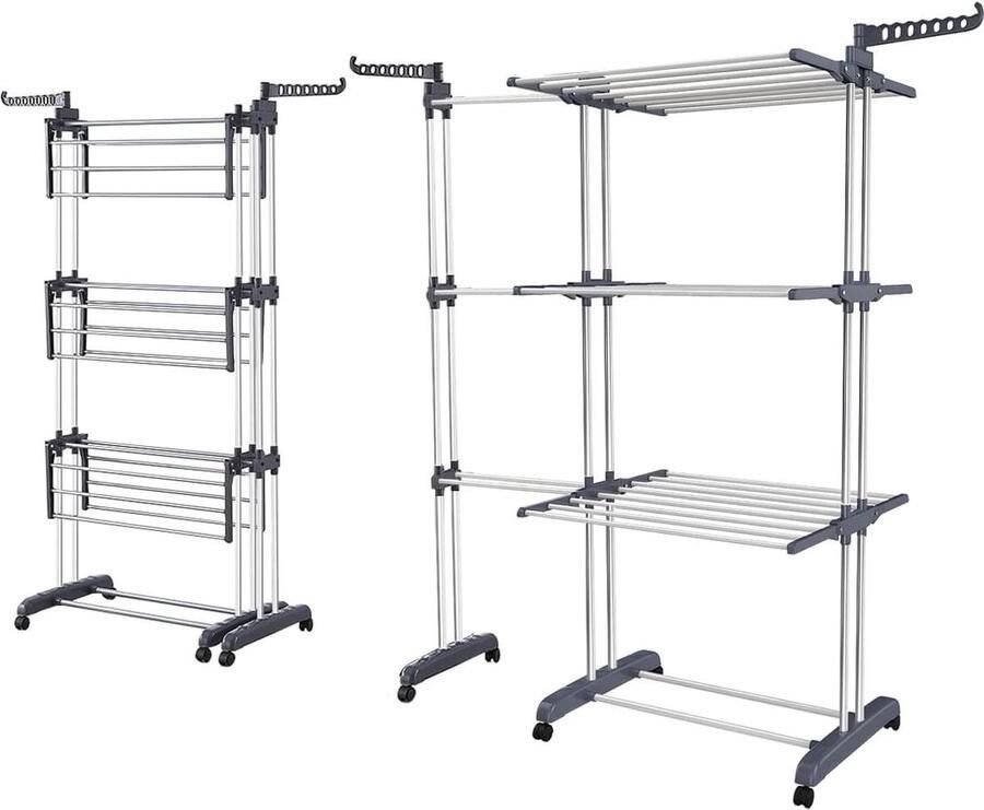 Droogrek Toren met Grote Capaciteit Uittrekbaar en Verrijdbaar Roestvrij Staal 178 x 170 x 50 cm Johgee Opvouwbare kledingrek