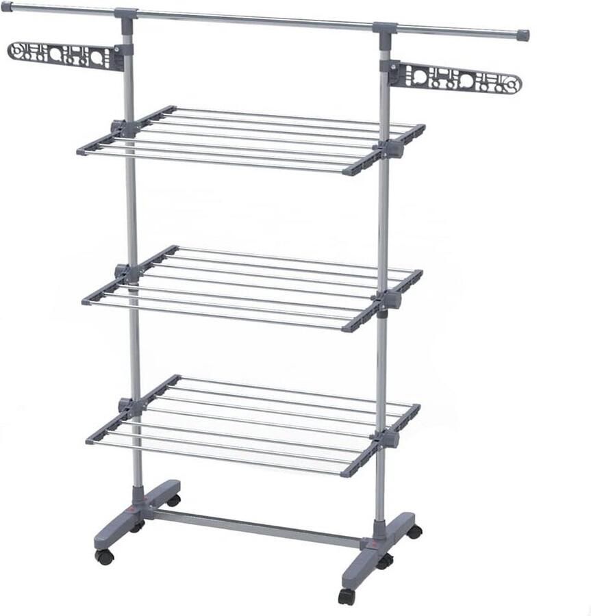 Droogrek voor Binnen Ruimtebesparend met Opvouwbare Vleugels en Telescoopstang 22 m Drooglengte 3 Niveaus Opvouwbare kledingrek