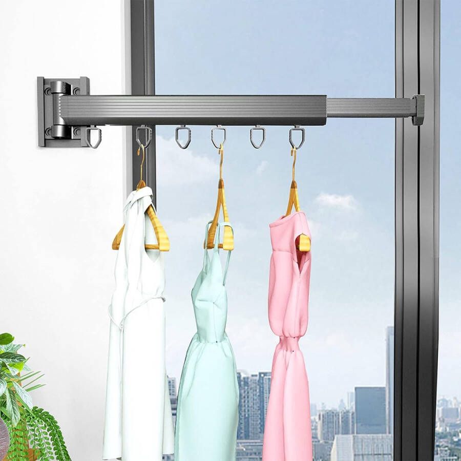 Droogrek wandmontage 30 + 24 cm intrekbaar draaibaar kledingrek met 6 haken aluminiumlegering kledingstang voor wandmontage voor balkon wasgoed kledingkast badkamer (30 + 24 cm)