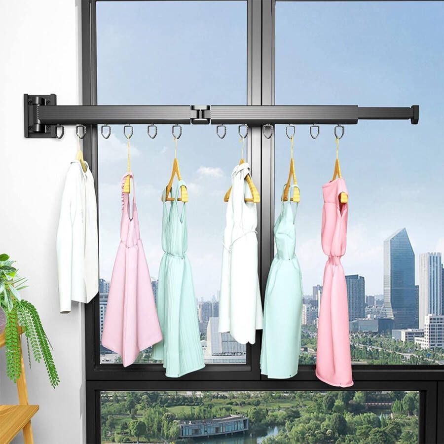 Droogrek wandmontage 60 + 24 cm opvouwbaar intrekbaar draaibaar kledingrek met 12 haken aluminiumlegering kledingstang voor wandmontage voor balkon wasgoed kledingkast badkamer