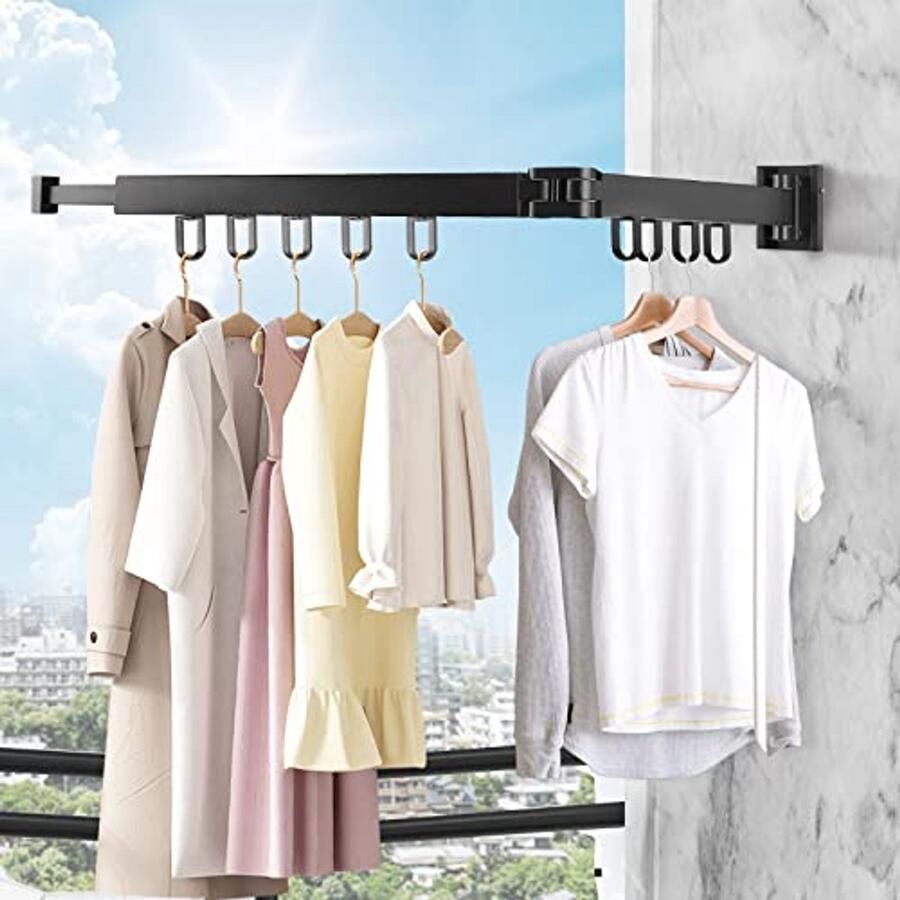 Droogrek Wandmontage 90 cm Verstelbaar Vouwbaar Kledingrek met 12 Haakjes voor Balkon Wasruimte Badkamer en Slaapkamer