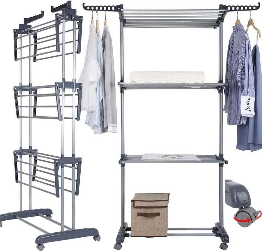 Droogrekken op 3 Etages met 4 Parkeerrem Wielen Roestvrijstalen Buizen Maximale Belasting: 38 KG Grote Capaciteit x 72 x 50cm Opvouwbare kledingrek