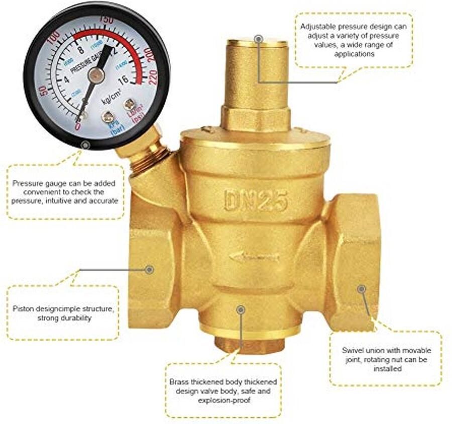 Drukregelaar DN25 1 inch messing waterdrukregelaar 1 inch waterdrukregelaar ventieldraad verstelbaar met manometer