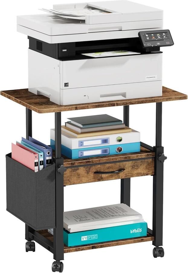 Retadou Druktafel met wieltjes 3 niveaus in hoogte verstelbaar 56 x 38 cm mobiele printerstandaard met stoffen lade en zijvak voor thuiskantoor printerwagen industrieel hout