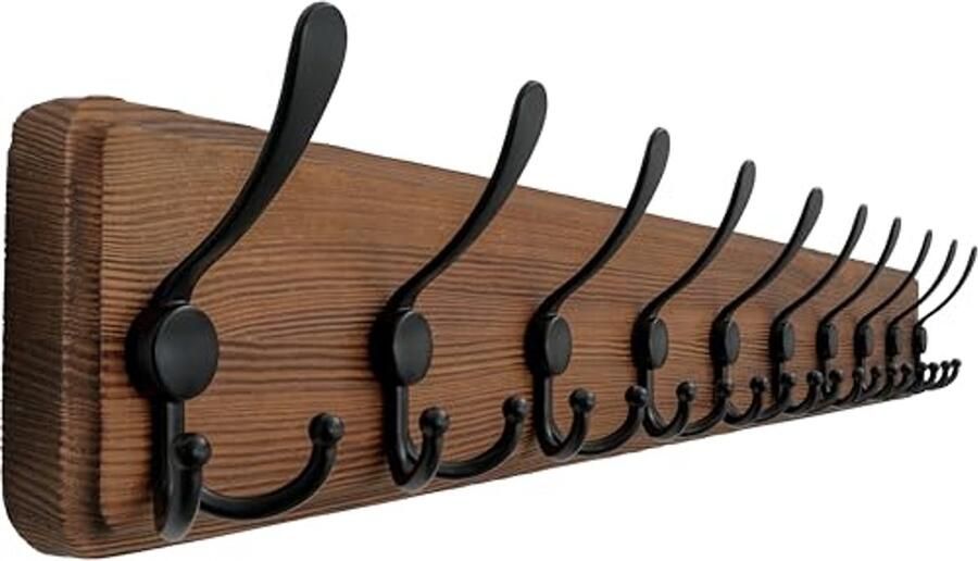 Dseap kapstok 97 cm lang robuust houten hakenrek met 10 drievoudige haken wandkapstokhaken kapstokhaken voor jassen kleding hoeden jassen sjaals naturel