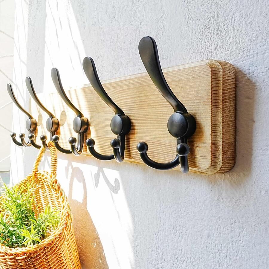 Dseap kapstok kapstokhaken Robuuste vintage houten kapstok met 5 drievoudige haken aan de muur te bevestigen kapstokhaken kapstokrail voor jassen mantels handtassen lichtbruin en zwart