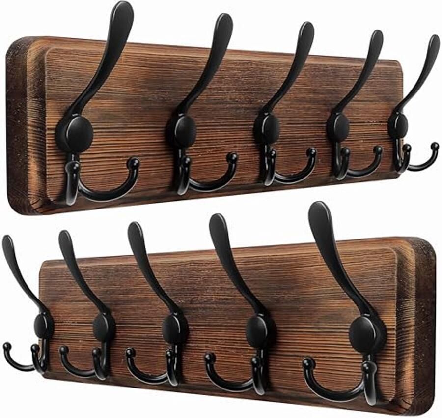 Dseap kapstok kapstokhaken robuuste vintage houten kapstok met 5 drievoudige haken wandkapstokhaken haakrek voor jassen handtassen naturel 2 stuks