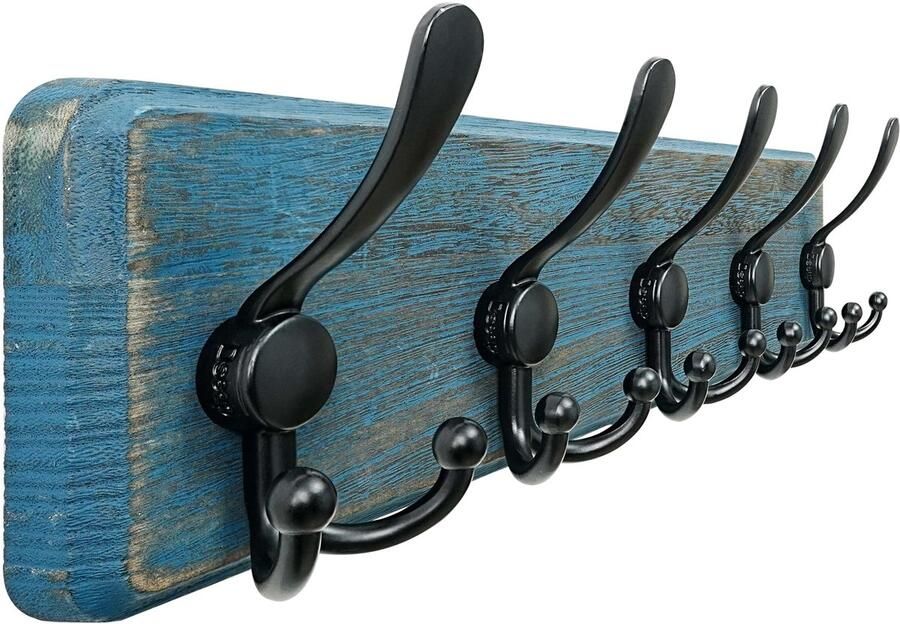 Dseap kapstok kapstokhaken Robuuste vintage houten kapstok met 5 drievoudige haken wandkapstokhaken haakrail voor jassen mantels handtassen retro blauw en zwart
