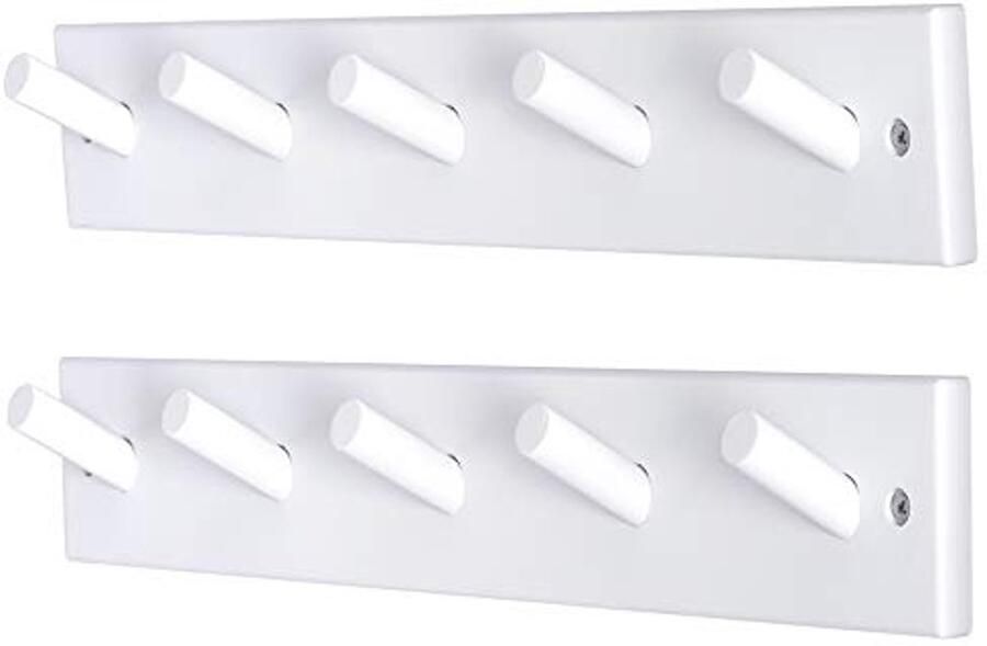 Dseap kapstok: Robuust haakrek in shaker-stijl wandkapstok kapstokhaak met 5 haken voor het ophangen van jassen handdoeken hoeden kleding wit set van 2