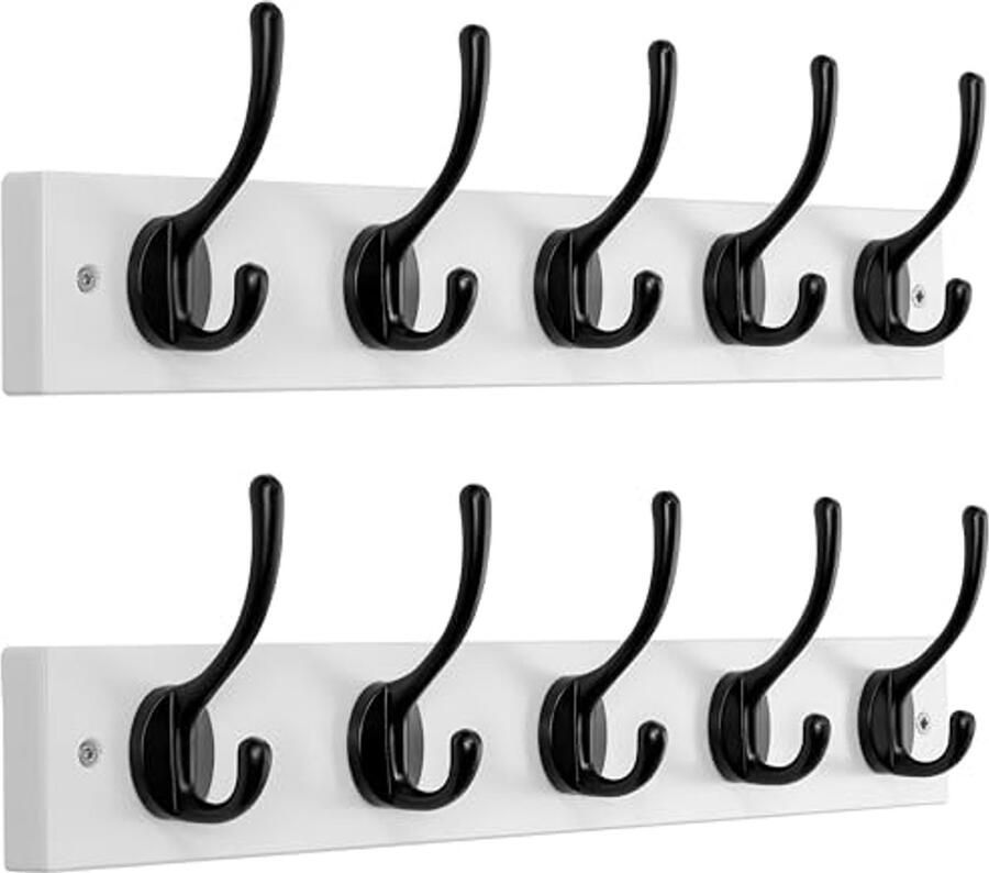 Dseap kapstok: robuust kapstokrek met 5 haken wandkapstok kapstok voor kapstok hoeden kleding gemaakt van bamboe wit en zwart 2 stuks