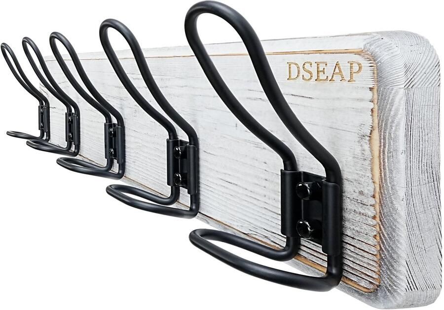 Dseap Kapstok Stabiel Vintage Houten Kapstok in Landelijke Stijl Rustieke Haakrail Wandkapstokhaken Kapstokhaken met 5 Dubbele Draadhaken G25A Wit & Zwart