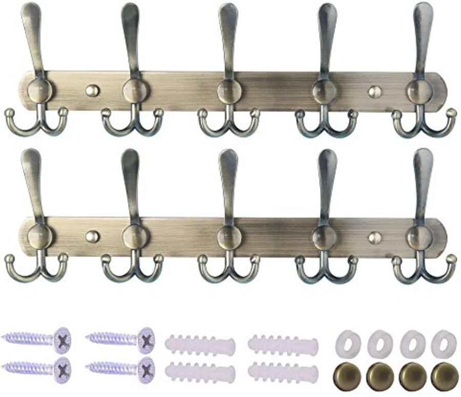 Dseap kapstok zware kapstokhaak met 5 drievoudige haken roestvrijstalen wandkapstok haakrek voor jas hoed handdoek handtas brons verpakking van 2