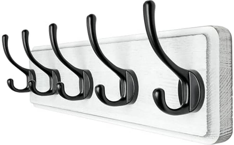 Dseap Wandkapstok met vijf haken Stevige houten wandkapstok haakrek voor kleding hoed jas wit