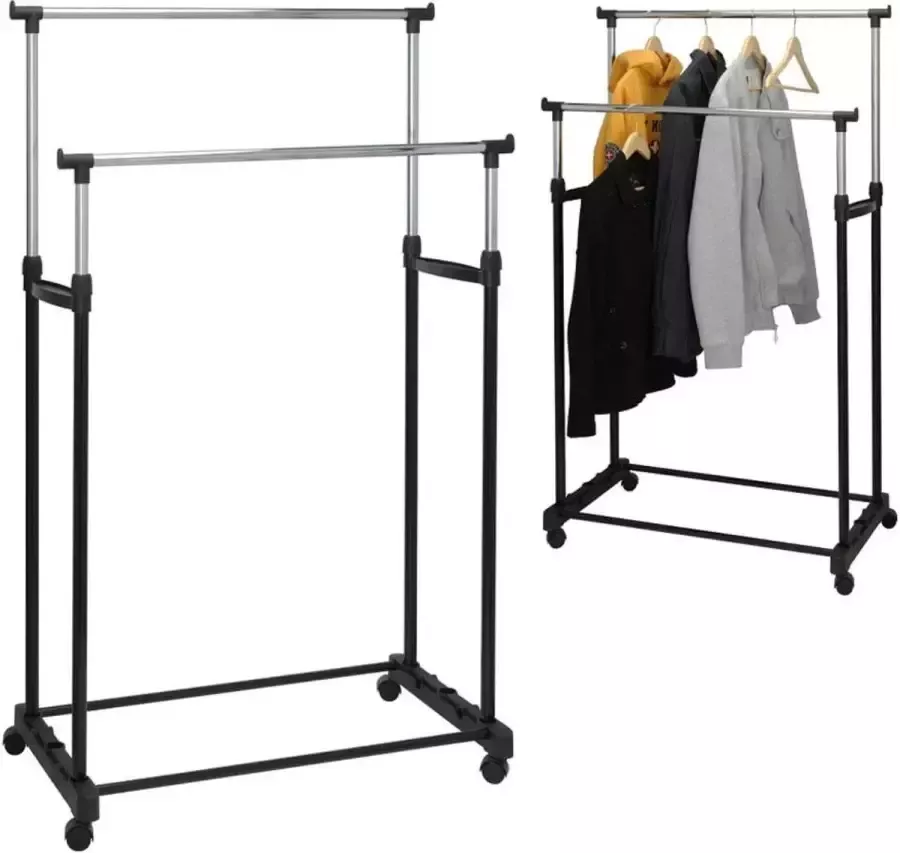 KidCollection Relaxwonen Dubbel kledingrek op wielen met instelbare hoogte 86x42x170cm Mobiel kleding rek