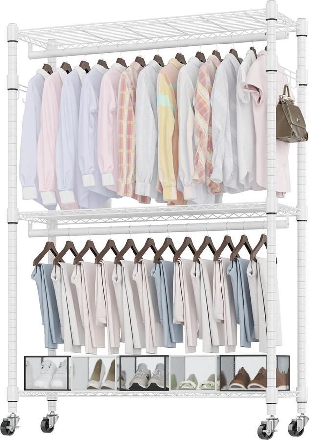 Dubbel Kledingrek met Verstelbare Planken en Haken Verrijdbare Garderobestandaard 90 x 42 x 205 cm