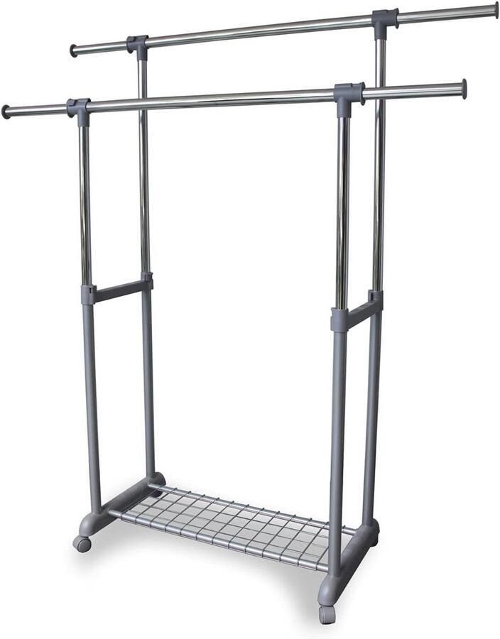 Dubbel kledingrek op wielen met verstelbare stangen en schoenenrek