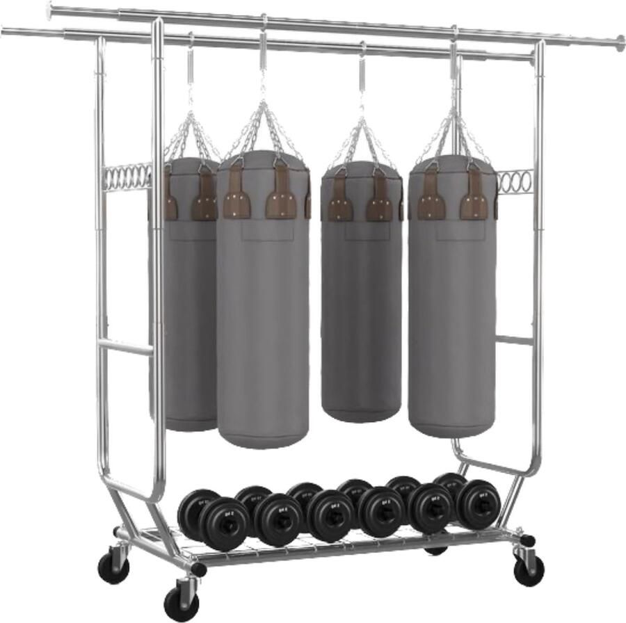 Dubbel kledingrek van commerciële kwaliteit met planken zware dubbele rails verstelbaar inklapbaar rollend kledingrek op wielen verchroomde afwerking extra stevigheid verstelbare hoogte kledingrek