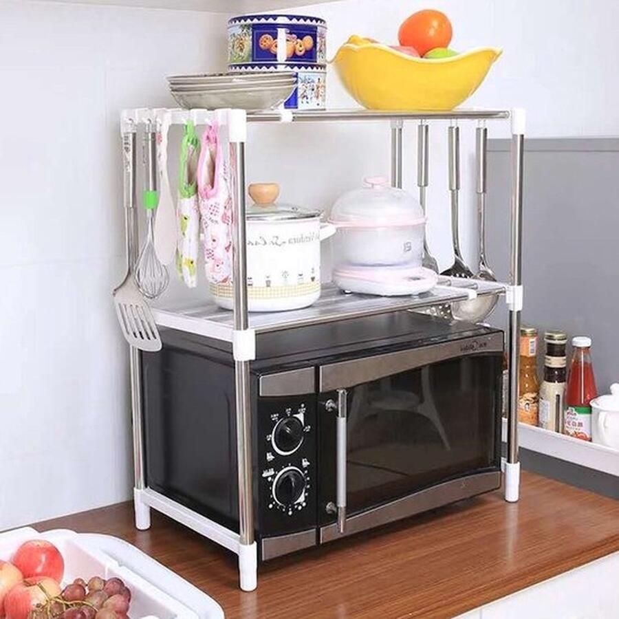 Dubbel laags keukenrek voor boven Magnetron Keukenrekje Uitschuifbaar 49-90 Cm Magnetronrek Keuken Opbergrek