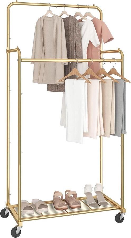 Kledingrek met dubbele stang rollend kledingrek met haken goud - Foto 2