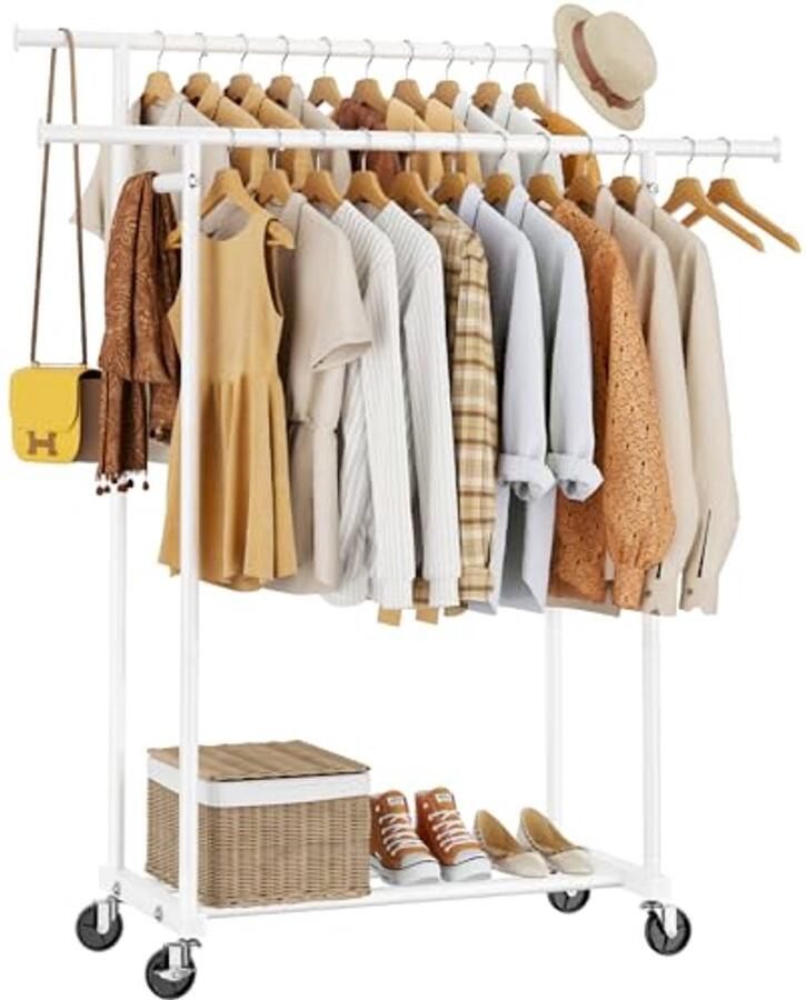 Dubbel Staven Kledingrek met Wielen Stevig en Draagbaar Kledingrek voor Slaapkamer en Woonkamer