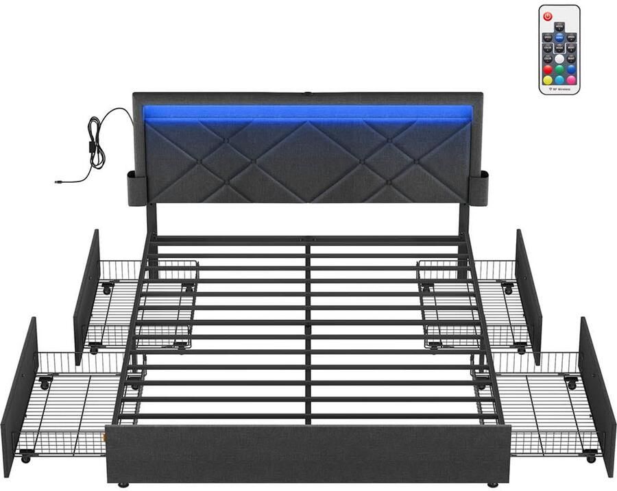 Dubbele bedframe LED -bedframe Opbergbedframe Geïntegreerd oplaadstation 210 x 167 x 88 3 cm leisteen grijs mat zwart