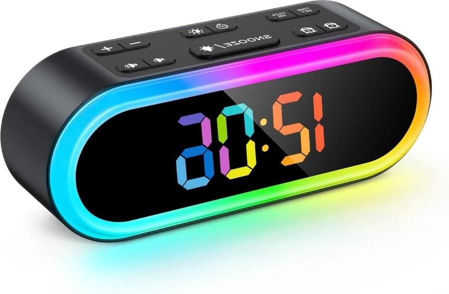 Dubbele Digitale Wekker voor Volwassenen Regenboog Kleurrijk Nachtlampje 7 5 2 Dag Modi Auto-Off Timer 7 Wekgeluiden Klein Nachtkastje voor Zware Slapers Slaapkamer - Foto 2