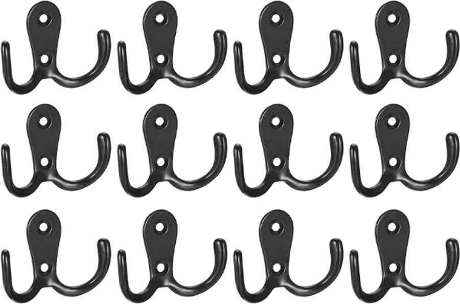 Dubbele haak 12 Stuks Met 3*14 mm Schroeven Kapstokhaak Ophanghaken Kledinghaak 5.3x4.1cm Zwart Zinklegering Geschikt voor badkamer slaapkamer deur muur