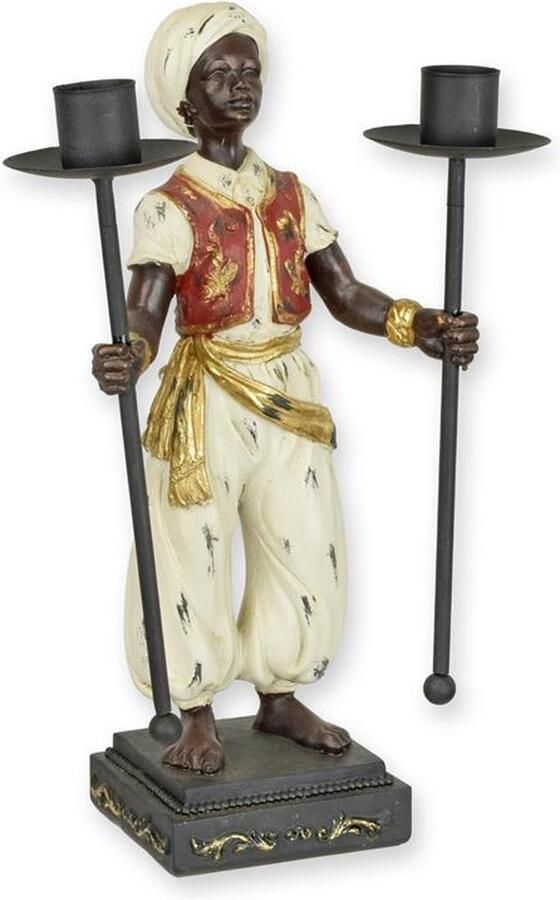 Dubbele kandelaar beeld – kunsthars (resin) – figuratieve kaarsenhouder met 2 armen – klassiek oriëntaals design op sokkel – decoratieve kaarsenstandaard voor tafel dressoir – 25 8 cm hoog – multicolor met goudaccenten
