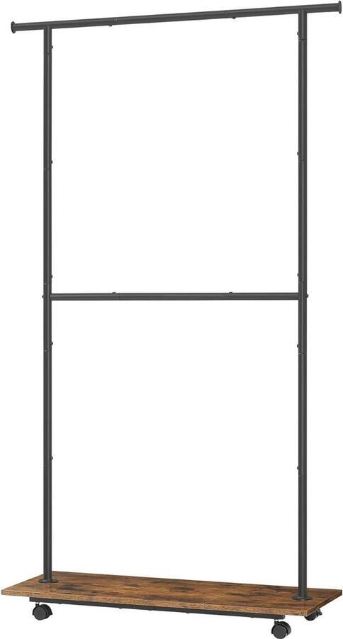 Dubbele kapstok met zwenkwielen en plank lange stang 985 cm 55 kg capaciteit in hoogte verstelbaar middenstang staal rustiek bruin inktzwart