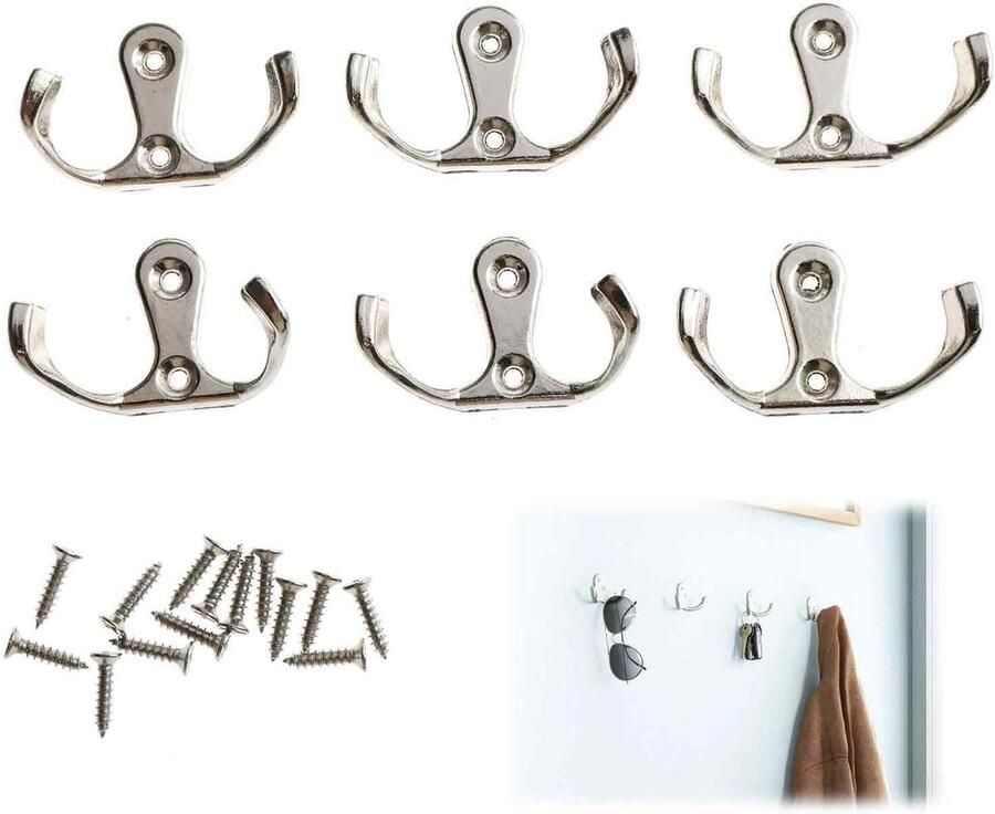 Dubbele kapstokhaken 6 stuks vintage metalen wandhaken met schroeven