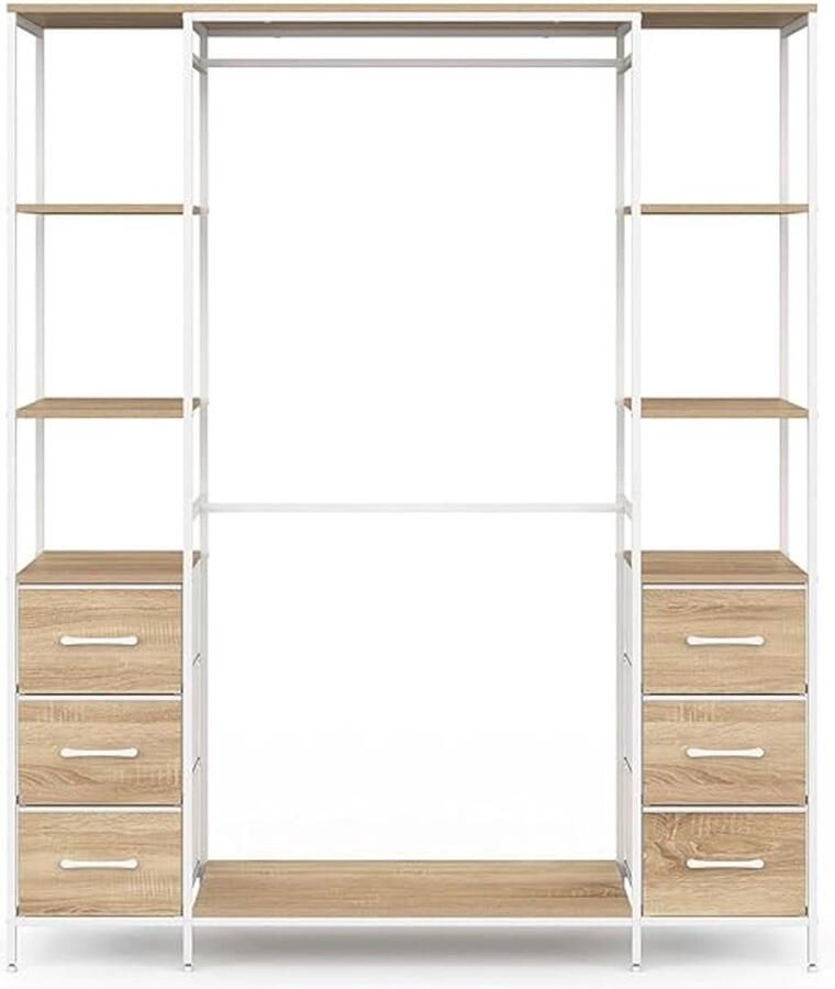 Dubbele kledingkast UTAH L. 140 cm – Inclusief dubbele zuil 6 legplanken en 6 houten witte stoffen bakken