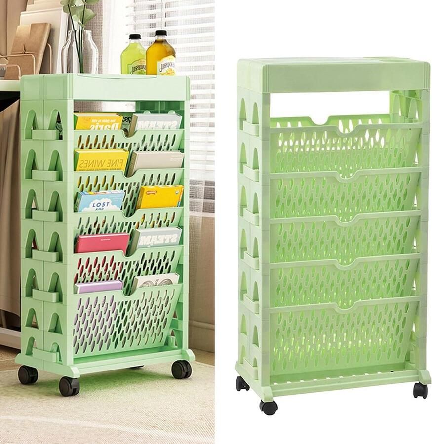 Dubbellaagse mobiele boekenkast hoge capaciteit draaibaar en afneembaar groen