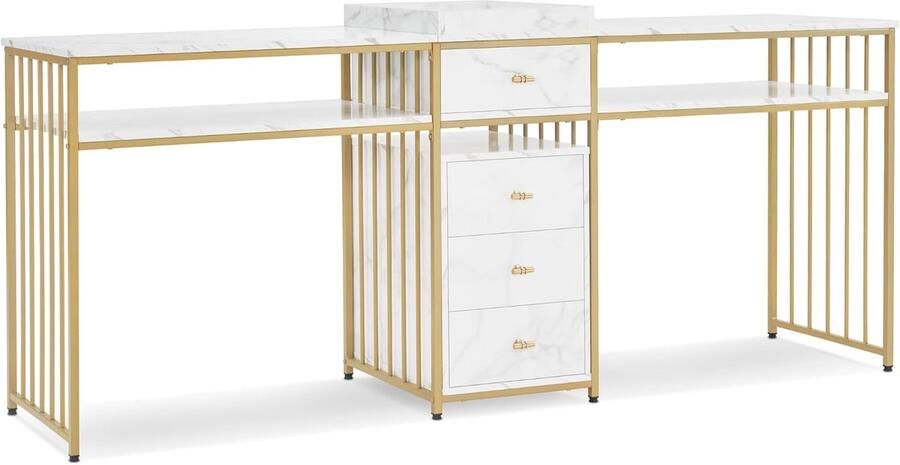 Dubbele Nageltafel voor Manicure met Lades en Planken Modern Bureau met Marmerpatroon