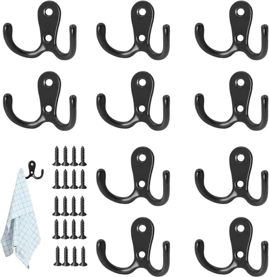 Dubbele prong kapstokhaken set stevige wandhaken 10 stuks zwart metalen