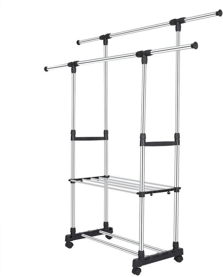 Dubbele Stalen Kapstok met 2 Laags Schoenenrek Verstelbaar en Op Wielen